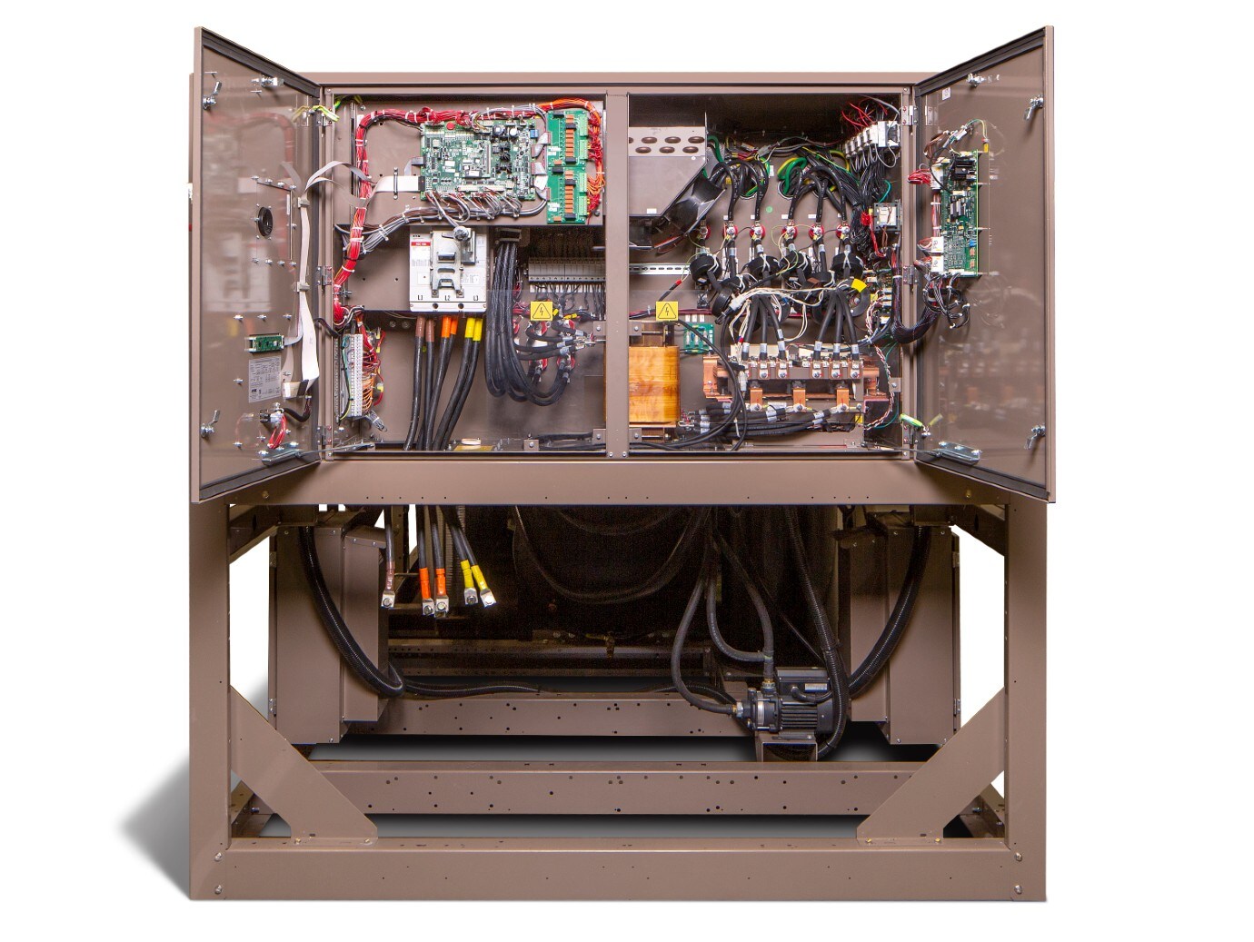 A view inside the doors of a Liquid Cooled YVAA VSD Screw Chiller.