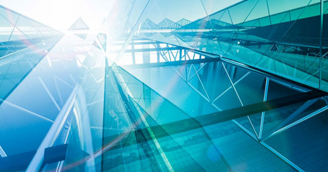 Frog's eye view of skyscrapers on a sunny day