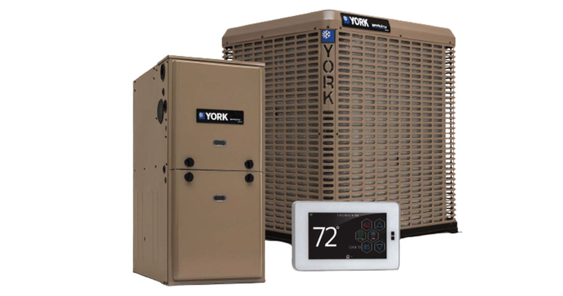 YORK HVAC equipment and a thermostat on a white background